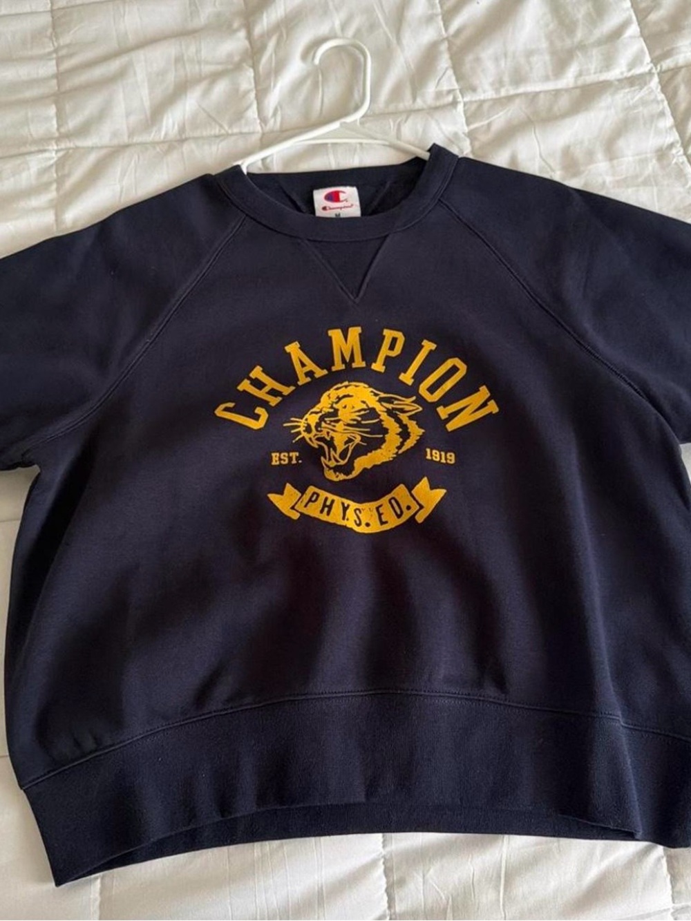 Champion Navy Crewneck Sweatshirt with Gold Tiger Graphic